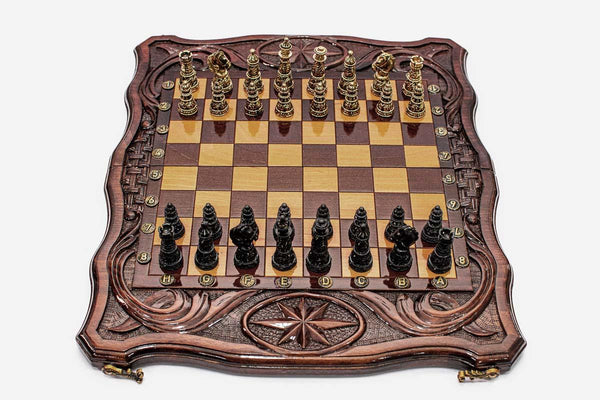 Octagon Beech Chess and Backgammon Set with Bronze Pieces