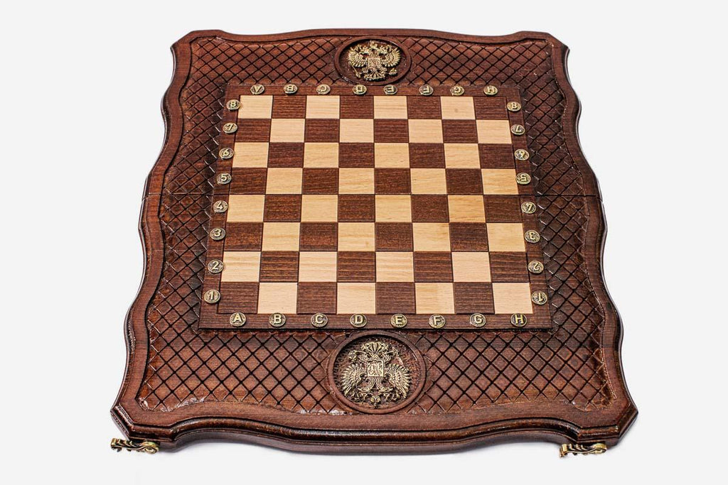 Russian Coat of Arms chess and backgammon set shown folded with carry handle