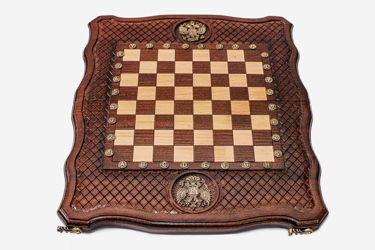Russian Coat of Arms chess and backgammon set shown folded with carry handle