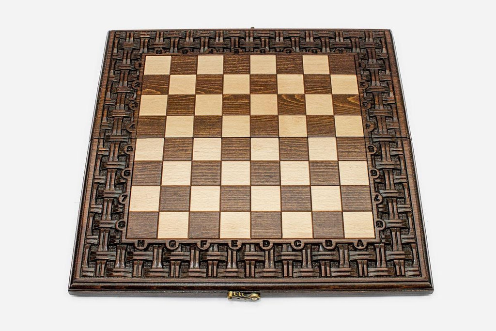 Lattice chess and backgammon set shown folded with carry handle