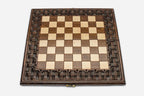 Lattice chess and backgammon set shown folded with carry handle