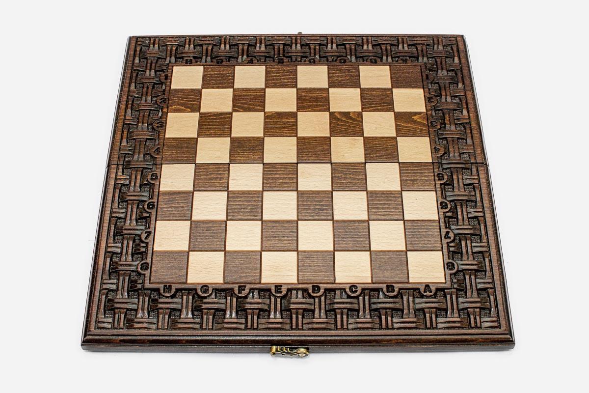 Lattice chess and backgammon set shown folded with carry handle