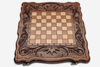 Royal Crown chess and backgammon set shown folded with carry handle