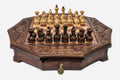 Octagonal wooden chess set in warm mahogany finish with carved acanthus corners and Staunton pieces set up for play