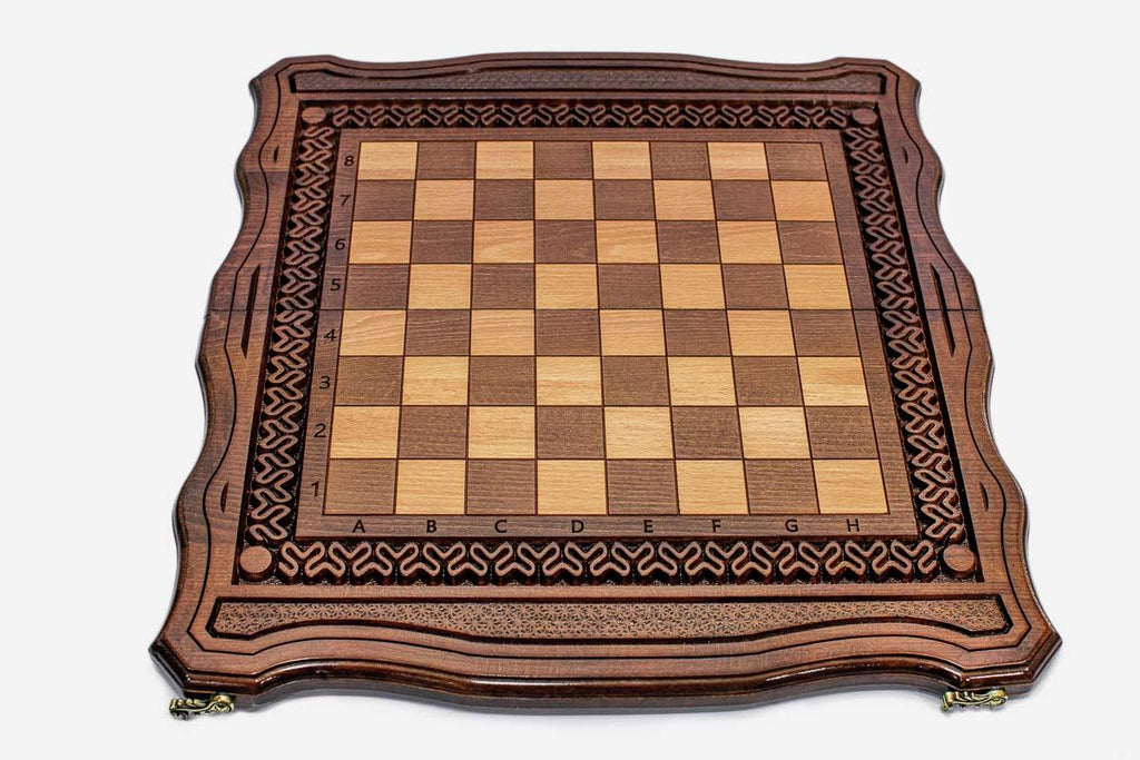 Ornamental Rosette chess and backgammon set shown folded with carry handle