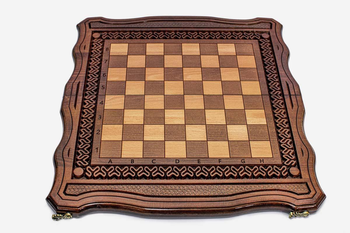 Ornamental Rosette chess and backgammon set shown folded with carry handle