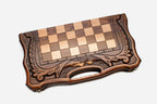 Angled view of the Ararat chess set with its wooden pieces