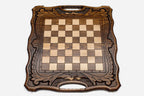 Close-up of the beech and walnut chess pieces on the inlaid squares