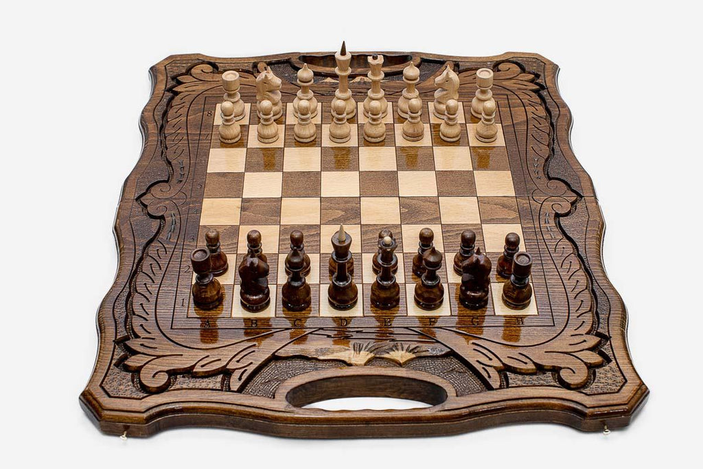 The Ararat folding chess set shown from an angle with carved corners