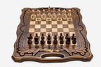 The Ararat folding chess set shown from an angle with carved corners