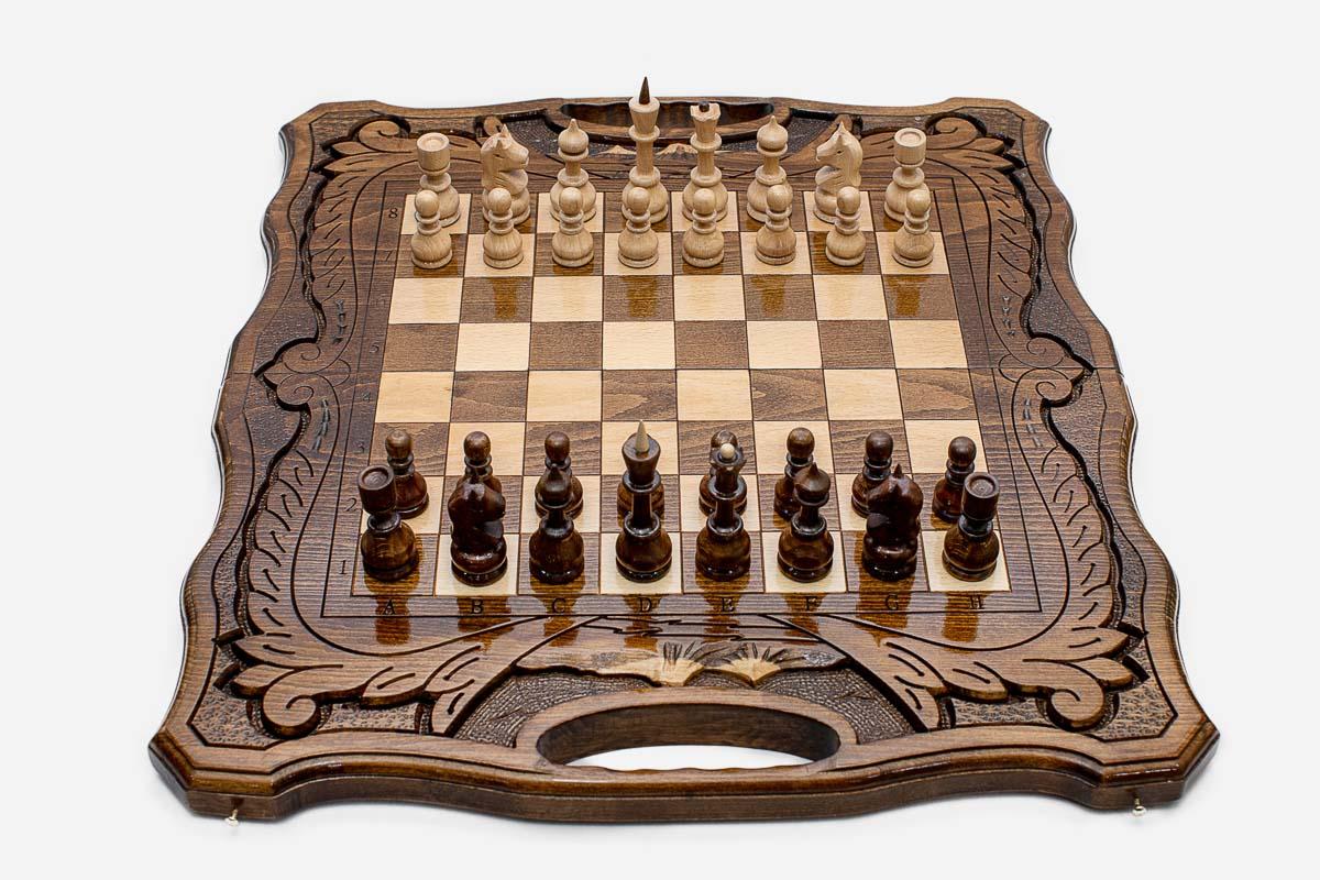 The Ararat folding chess set shown from an angle with carved corners