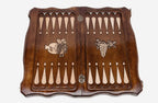 Classic chess and backgammon set shown folded with carry handle