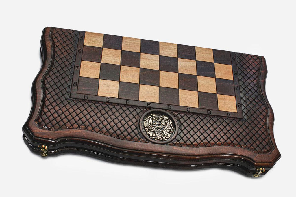 Coat of Arms chess and backgammon set shown folded with carry handle