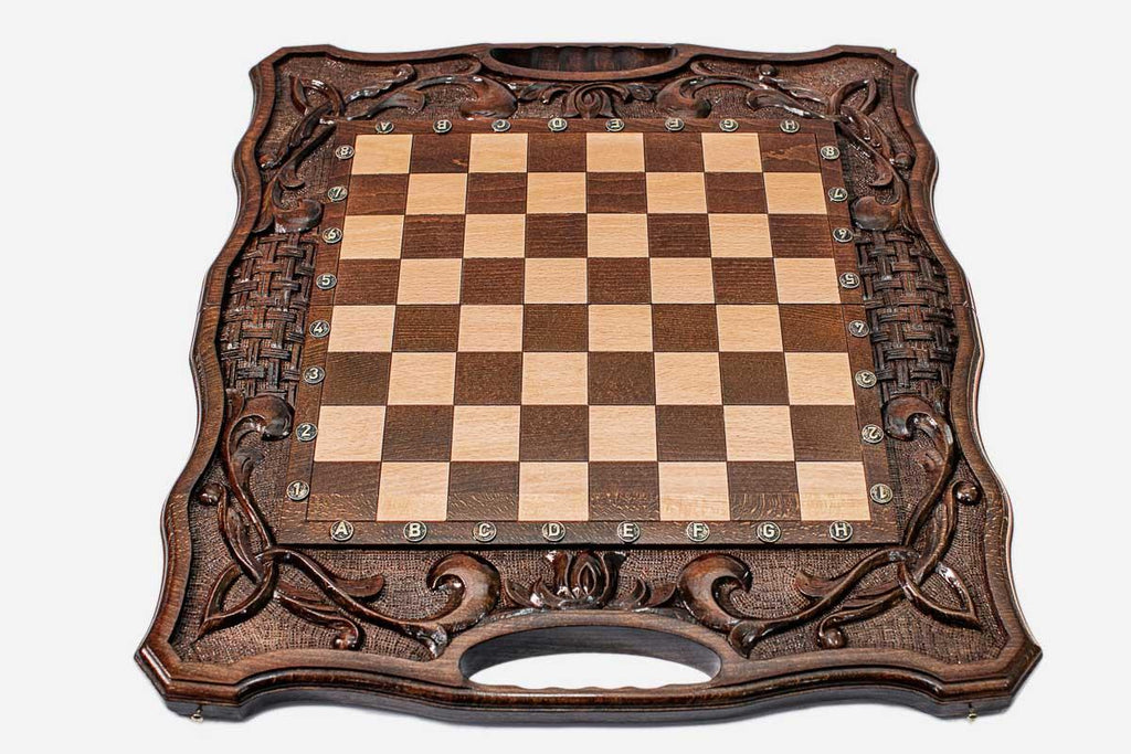 Ornamental Rosette chess and backgammon set shown folded with carry handle