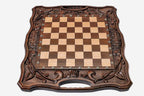 Ornamental Rosette chess and backgammon set shown folded with carry handle