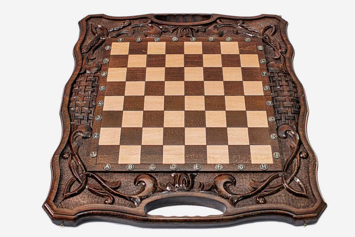 Ornamental Rosette chess and backgammon set shown folded with carry handle