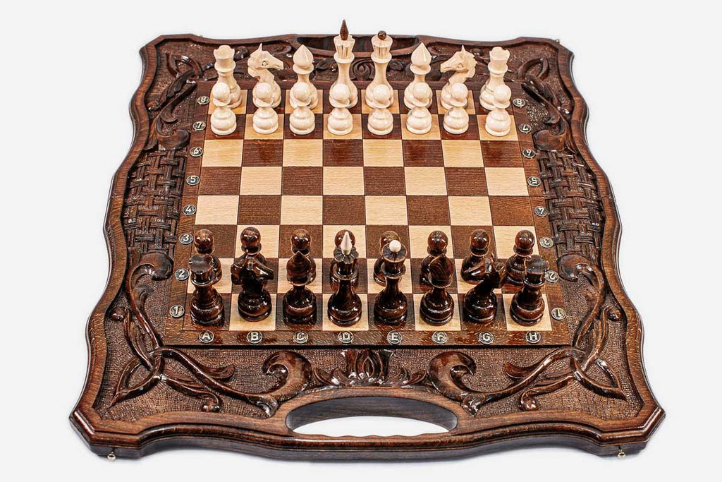 Large Ornamental Rosette Beech Chess and Backgammon Set