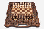 Large Ornamental Rosette Beech Chess and Backgammon Set