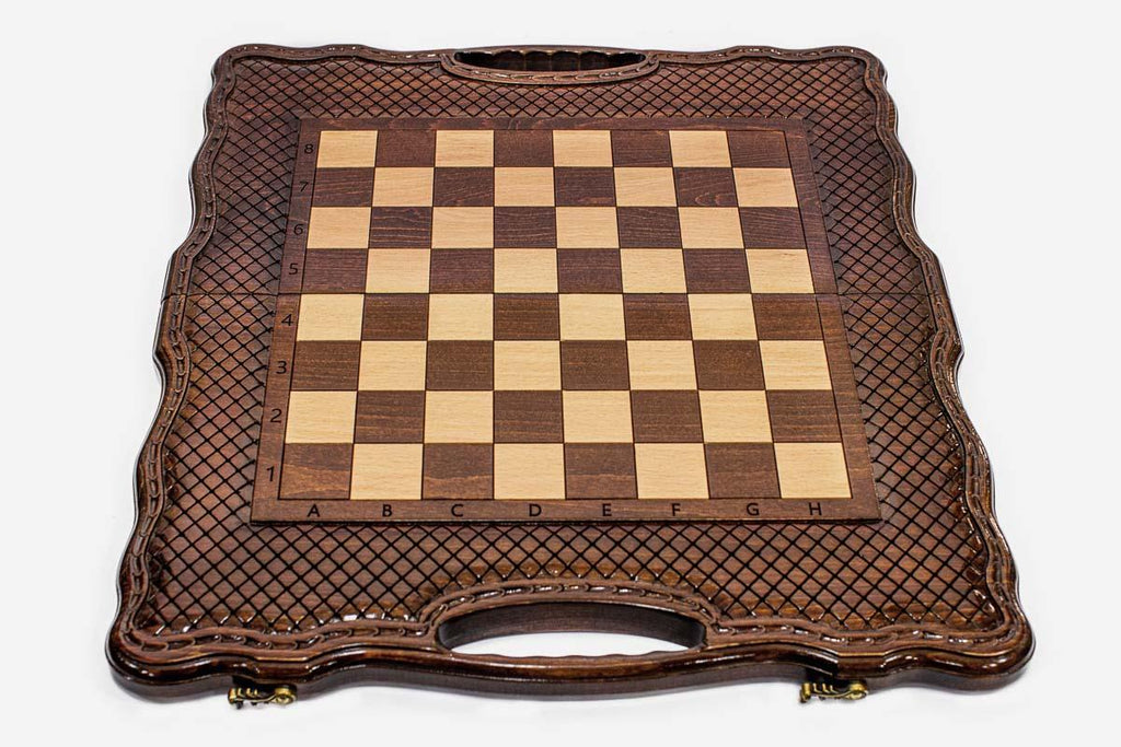Baklava Lattice chess and backgammon set shown folded with carry handle