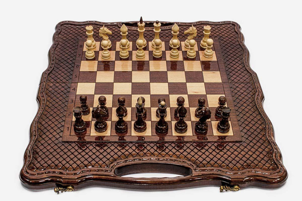 Large Baklava Lattice Beech Chess and Backgammon Set