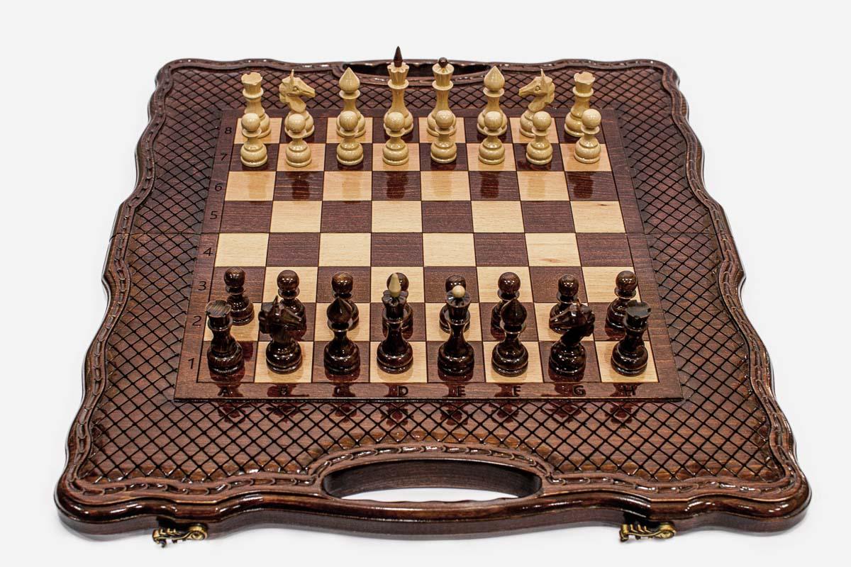 Large Baklava Lattice Beech Chess and Backgammon Set
