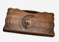 Armenian beechwood backgammon board carved with a roaring lion in a diamond-lattice oval