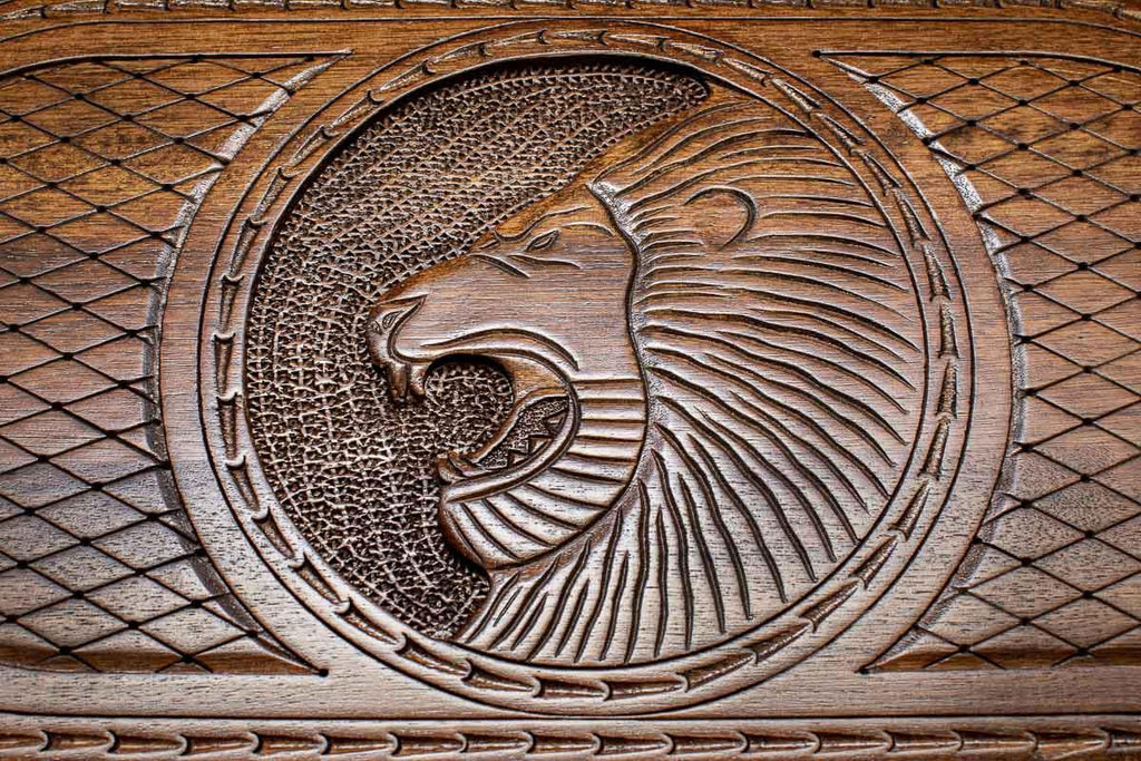 Armenian backgammon board detail of roaring lion carving