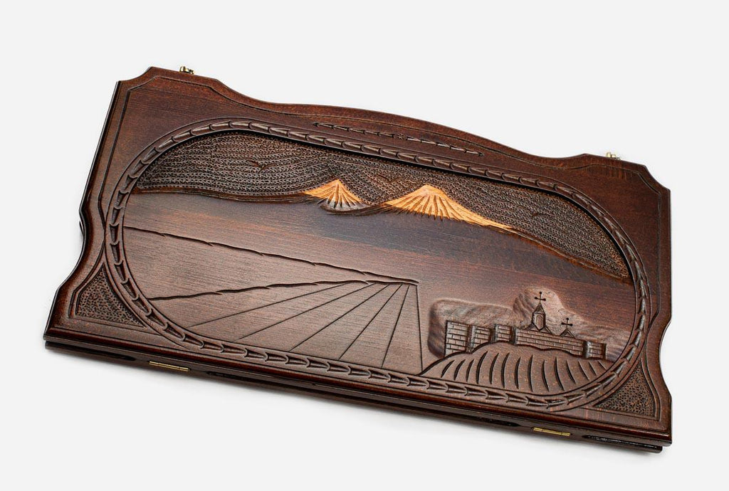Khor Virap and Mount Ararat carved on backgammon board