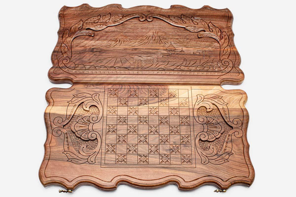 Carved Mount Ararat detail on backgammon board
