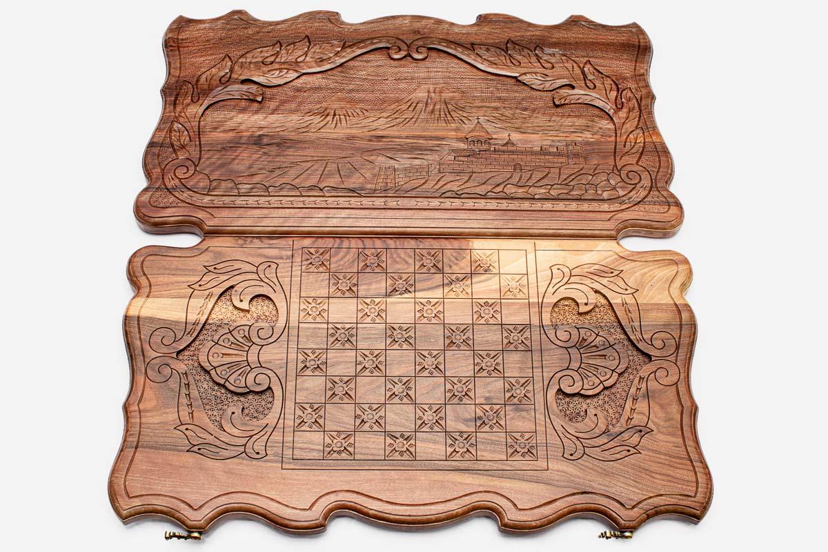 Carved Mount Ararat detail on backgammon board