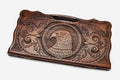 Carved beechwood backgammon board with a soaring eagle medallion and a carry handle, propped open