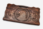 Carved beechwood backgammon board with a soaring eagle medallion and a carry handle, propped open