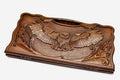 Carved beechwood backgammon board with an owl medallion and a carry handle, propped open