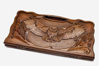 Carved beechwood backgammon board with an owl medallion and a carry handle, propped open