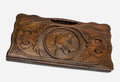 Carved beechwood backgammon board with a prowling wolf medallion and a carry handle, propped open