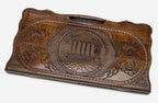 Carved beechwood backgammon board with the Temple of Garni in a medallion, propped open