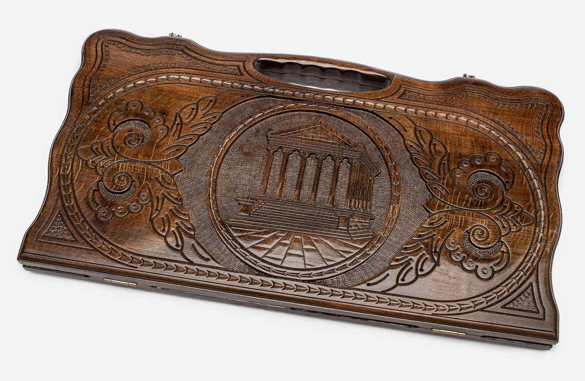 Carved beechwood backgammon board with the Temple of Garni in a medallion, propped open