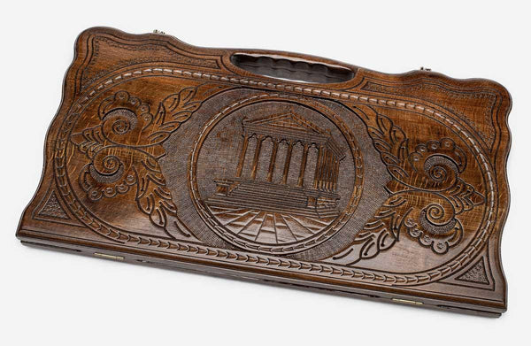 Carved beechwood backgammon board with the Temple of Garni in a medallion, propped open
