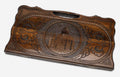 Carved beechwood backgammon board with the Geghard Monastery in a medallion, propped open