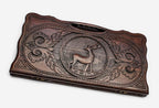 Carved beechwood backgammon board with a deer medallion and a carry handle, propped open