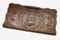 Carved beechwood backgammon board with an eagle medallion and a carry handle, propped open