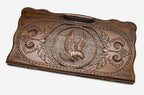 Carved beechwood backgammon board with an eagle medallion and a carry handle, propped open