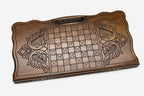 Angled view of the eagle medallion carved backgammon board