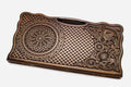 Carved beechwood backgammon board with a knotwork rosette and an eagle, propped open