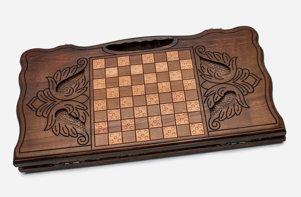 Angled view of the rosette medallion ornament backgammon board