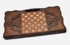 Angled view of the rosette medallion ornament backgammon board