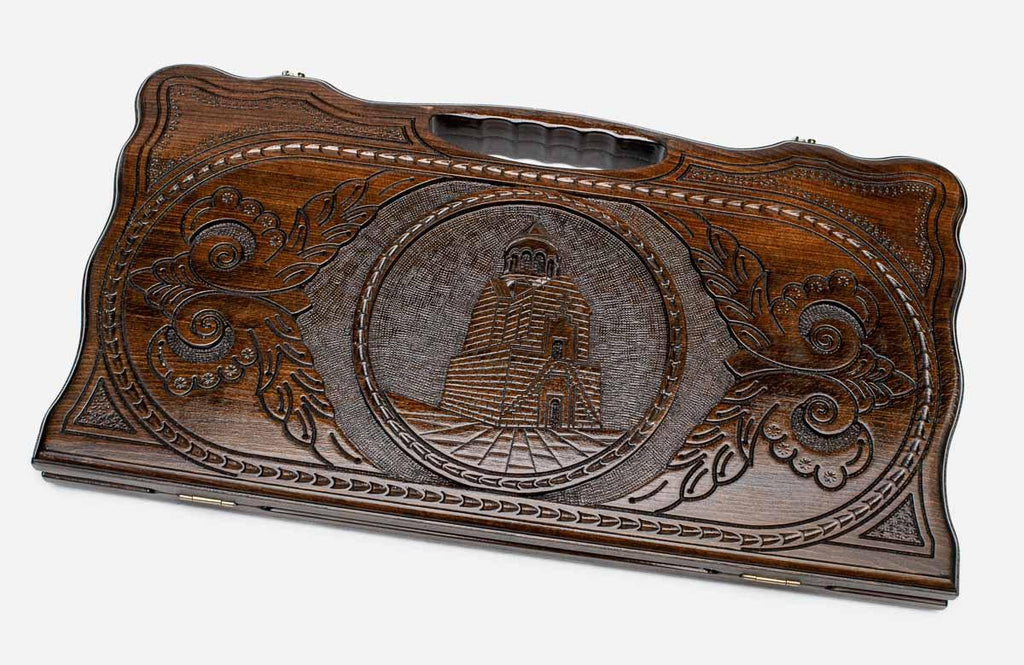 Carved beechwood backgammon board with the Noravank Monastery in a medallion, propped open