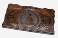 Carved beechwood backgammon board with the Noravank Monastery in a medallion, propped open