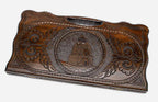 Carved beechwood backgammon board with the Noravank Monastery in a medallion, propped open