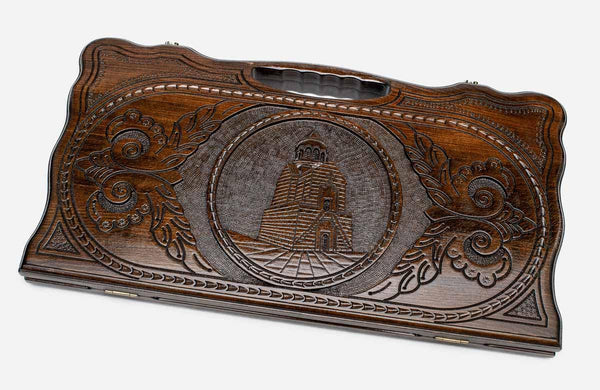 Carved beechwood backgammon board with the Noravank Monastery in a medallion, propped open